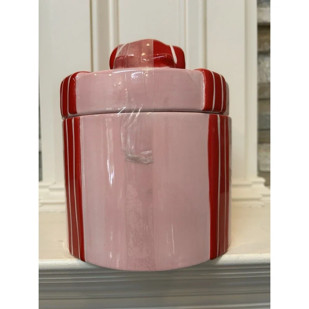 Ashland Berry Jolly Christmas Ceramic Canister With Lid Pink Red Striped 6x6”